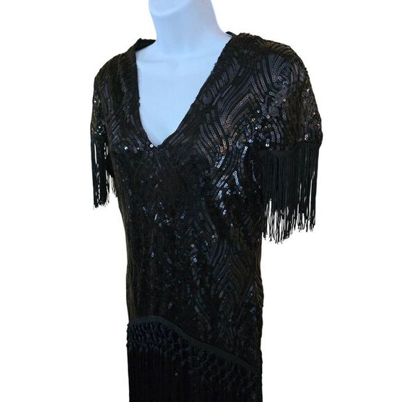 Vintage Black Sequin & Fringe Flapper Dress homecoming formal bling glam sparkle - Picture 3 of 6